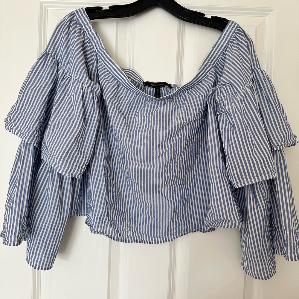 BCBGMAXAZRIA Striped Blue Off-Shoulder Women's Top - Size Large